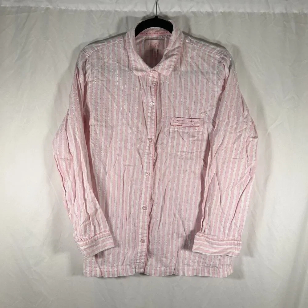 Victoria Secret Top Women's Medium Pink Striped Button Up Long Sleeve - Picture 1 of 9